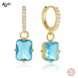 925 Silver Big Zircon Charm Dangle Earrings Circle Crystal Pave Sparkle