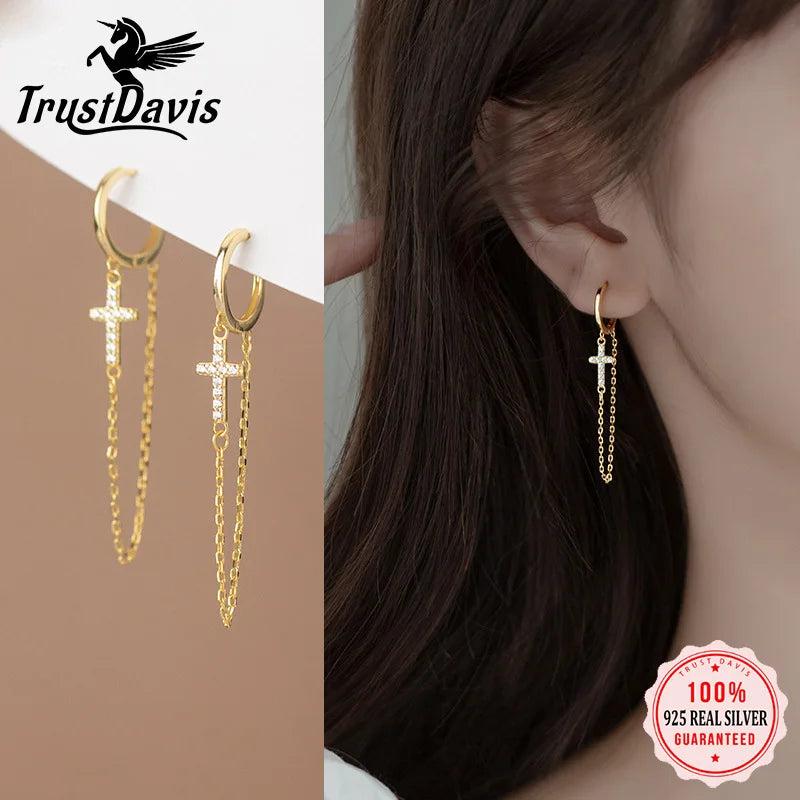 925 Sterling Silver Punk Cross Chain CZ Hoop Earrings for Women