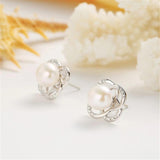 Pearl Stud Earrings 925 Silver Zircon Cross Women