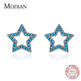 925 Silver Vintage Stars Turquoise Ear Studs Hollow Out Charm Female Earrings