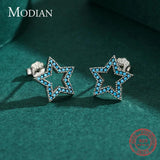925 Silver Vintage Stars Turquoise Ear Studs Hollow Out Charm Female Earrings