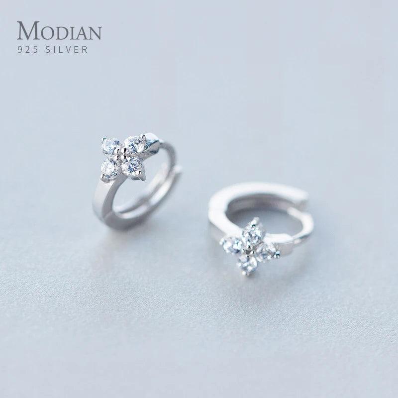 Sparkling CZ Flower Round Hoop Earrings 925 Silver