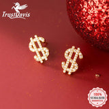 TrustDavis 925 Sterling Silver CZ Stud Earrings Money Wish Gift For Women Girls