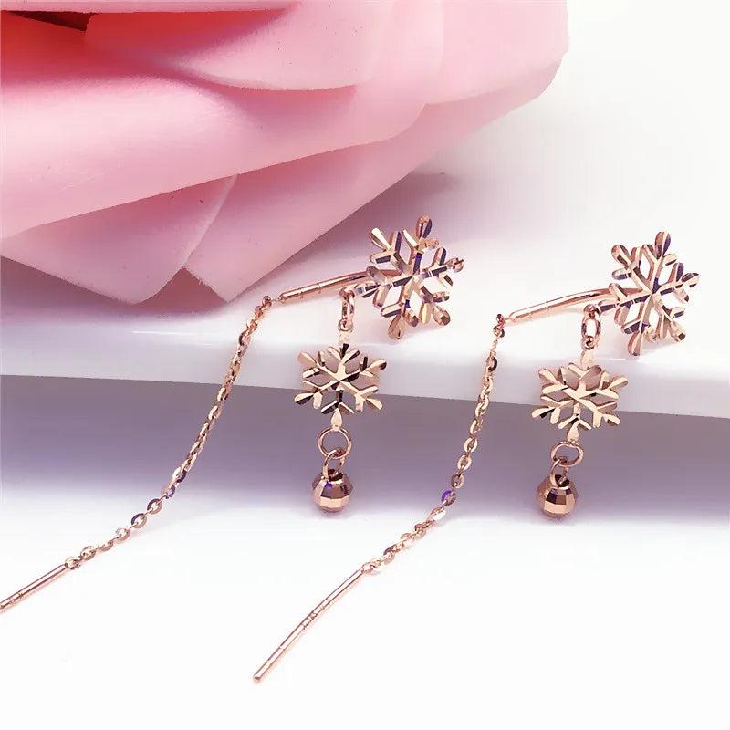 14K Rose Gold Snowflake Tassel Drop Earrings for Women