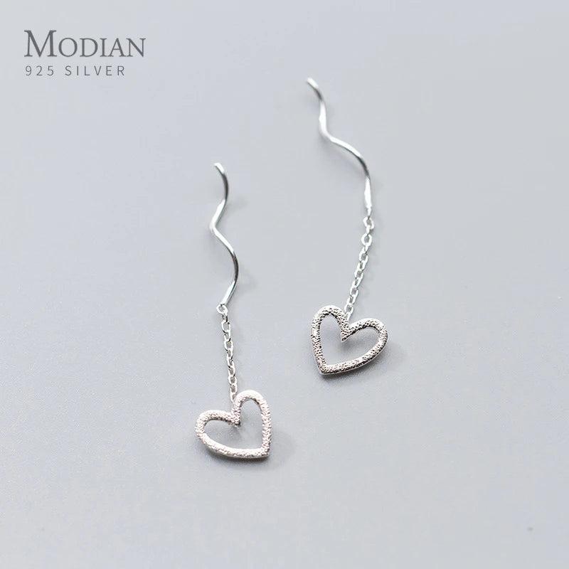 Vintage Frosted Hearts Chain Drop Earrings 925 Silver Dangle Jewelry