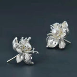 3D Silver Inlaid Pearl Flower Women's Earrings for Parties