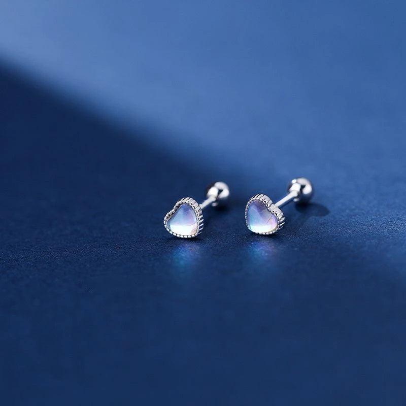 925 Silver Moonstone Heart Stud Earrings Spiral Bead Tragus Cartilage Piercing