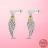 925 Silver Stud Earrings Yellow Heart Feathers CZ Zircon Female Jewelry