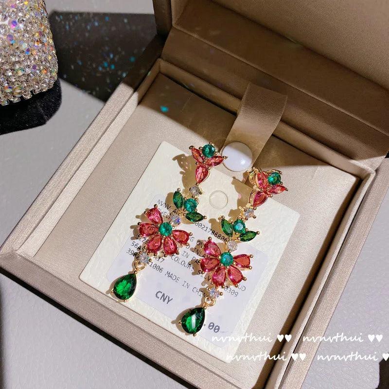 Yellow CZ Crystal Drop Earrings Colorful Flower Jewelry