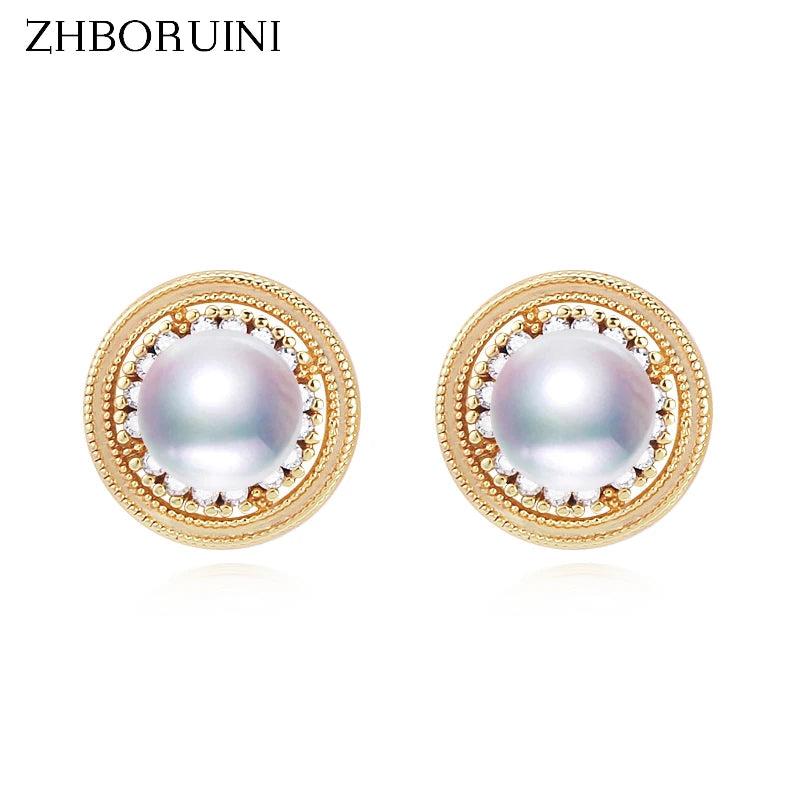 14k Plated Retro Round Pearl Earrings for Women Stud Earring