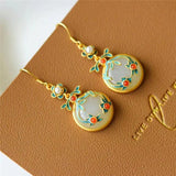 Hetian Jade Safe Buckle Earrings Silver Enamel Ethnic Retro Bohemian Female