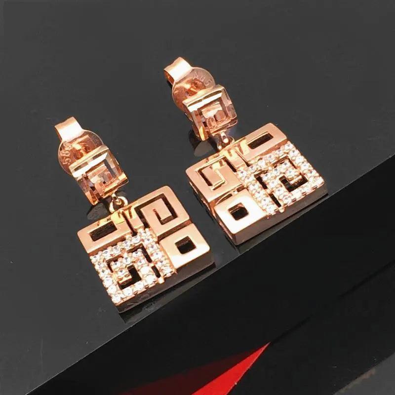 14K Rose Geometric Chinese Earrings with Purple Inlaid Crystal Square Ear Studs