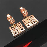 14K Rose Geometric Chinese Earrings with Purple Inlaid Crystal Square Ear Studs