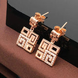 14K Rose Geometric Chinese Earrings with Purple Inlaid Crystal Square Ear Studs