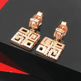 14K Rose Geometric Chinese Earrings with Purple Inlaid Crystal Square Ear Studs