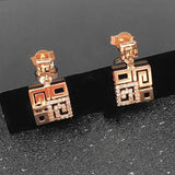 14K Rose Geometric Chinese Earrings with Purple Inlaid Crystal Square Ear Studs