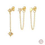 925 Silver Tassel Earrings Set Zircon Star Charm Front Back Cartilage 3PCs