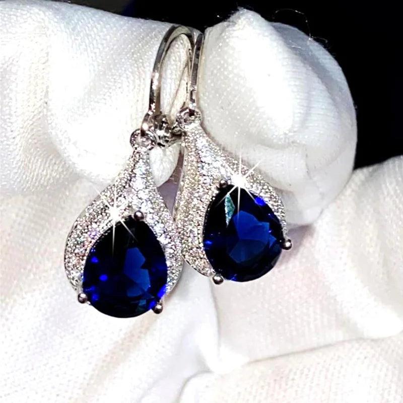 925 Sterling Silver Earrings with Sapphire Gemstone for Charm Lady