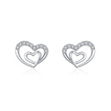 925 Silver Heart Stud Earrings CZ Inlay Platinum Plated