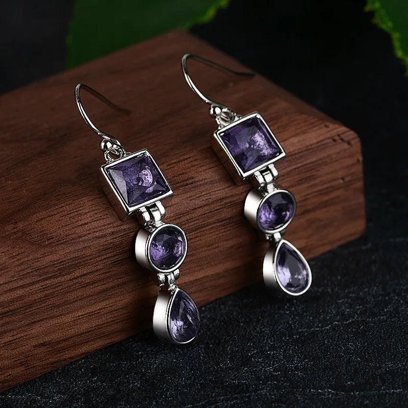 Geometric Amethyst 925 Silver Drop Earrings for Women