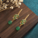 Green Jade Leaf Earrings Jadeite Amulet Jewelry Vintage Stone Women Carved