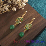 Green Jade Leaf Earrings Jadeite Amulet Jewelry Vintage Stone Women Carved