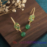 Green Jade Leaf Earrings Jadeite Amulet Jewelry Vintage Stone Women Carved