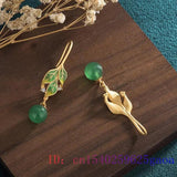 Green Jade Leaf Earrings Jadeite Amulet Jewelry Vintage Stone Women Carved