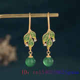 Green Jade Leaf Earrings Jadeite Amulet Jewelry Vintage Stone Women Carved