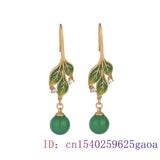 Green Jade Leaf Earrings Jadeite Amulet Jewelry Vintage Stone Women Carved