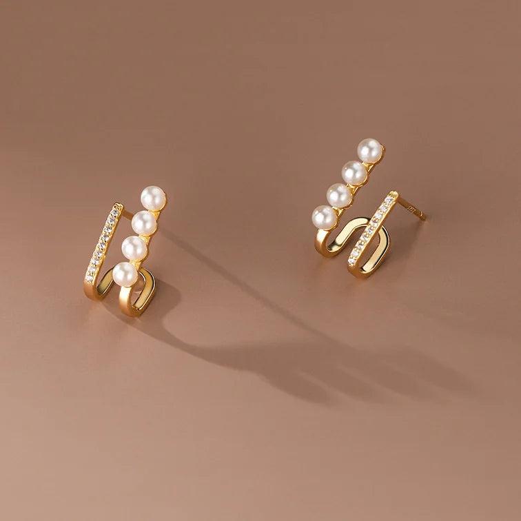 925 Silver U Stud Earrings Pearl Zircon Women Jewelry