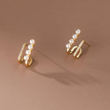 925 Silver U Stud Earrings Pearl Zircon Women Jewelry