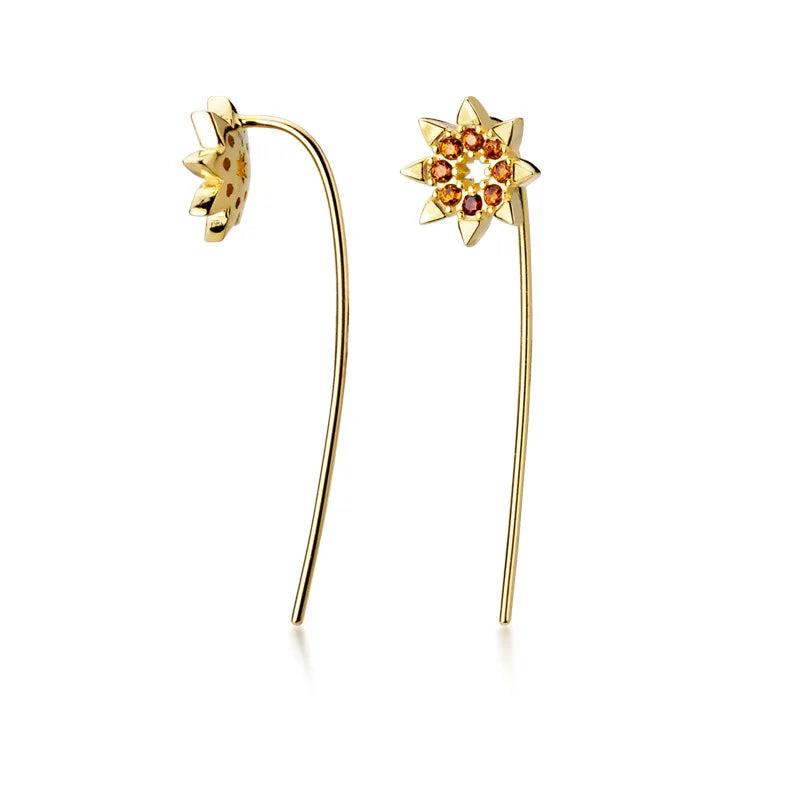 925 Silver Zircon Sun Flower Stud Earrings Classic Fine Jewelry