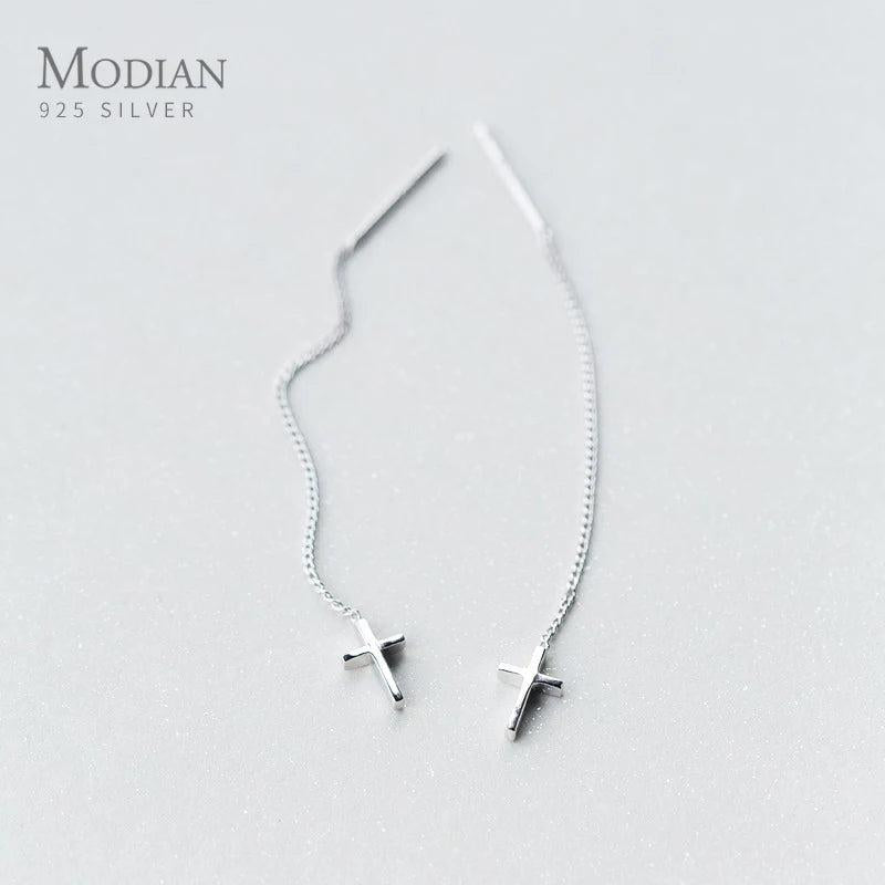 925 Silver Tassel Cross Drop Earrings for Women