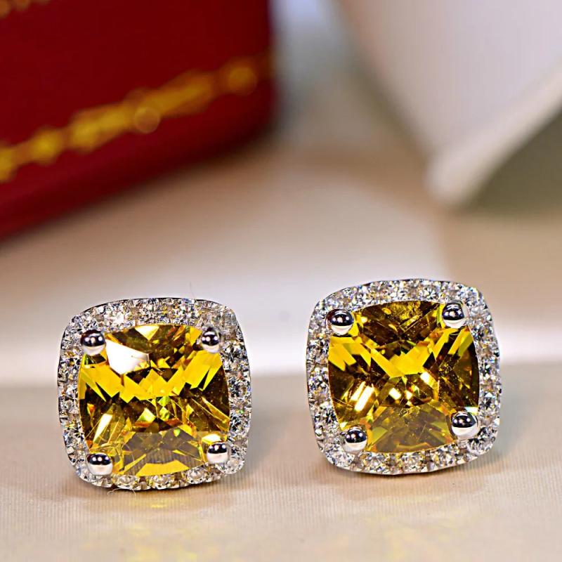 Yellow Stone Stud Earrings 925 Silver Filled Jewelry for Women