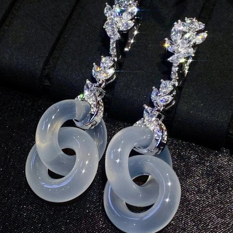 Silver Inlaid Crystal Leaf Chalcedony Drop Earrings