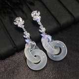 Silver Inlaid Crystal Leaf Chalcedony Drop Earrings