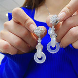 Silver Inlaid Crystal Leaf Chalcedony Drop Earrings
