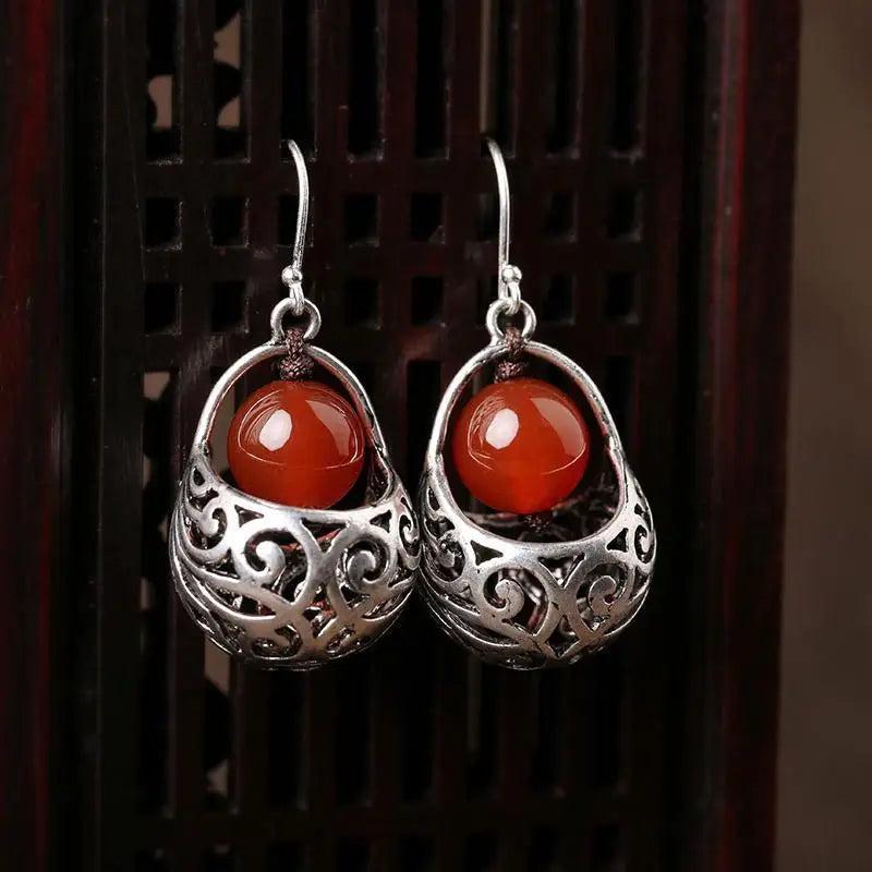 Ethnic Red Round Hollow Earrings Silver Jewelry