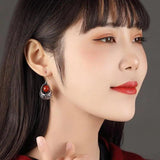 Ethnic Red Round Hollow Earrings Silver Jewelry