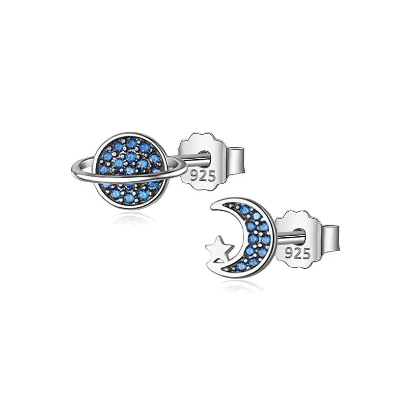 Davis 925 Silver Asymmetrical Planet Moon CZ Stud Earring Women DB175