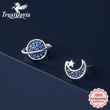 Davis 925 Silver Asymmetrical Planet Moon CZ Stud Earring Women DB175