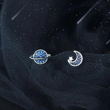 Davis 925 Silver Asymmetrical Planet Moon CZ Stud Earring Women DB175
