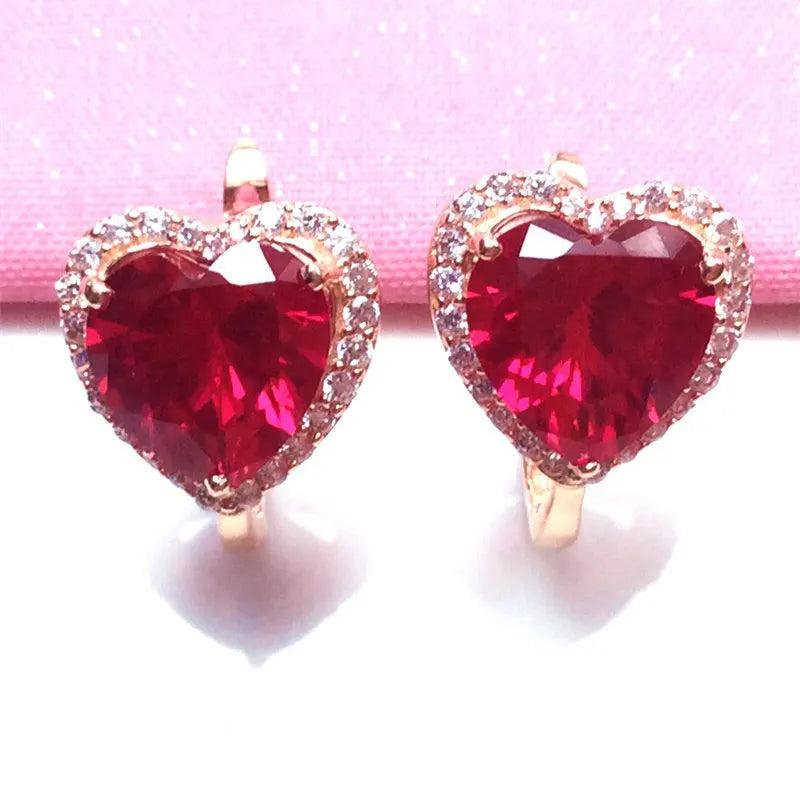 Crystal Ruby Heart Earrings 14K Rose Gold Plated