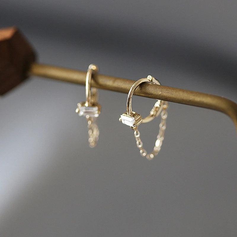 925 Silver Square Diamond Chain Hoop Earrings French Shine Sleep Aesthetics