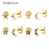 925 Silver Four Moon Star Stud Earring Pink Turquoise Women Piercing