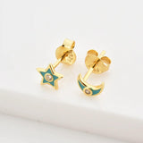 925 Silver Four Moon Star Stud Earring Pink Turquoise Women Piercing
