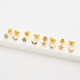 925 Silver Four Moon Star Stud Earring Pink Turquoise Women Piercing