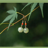 Natural Hetian Jade Round Earrings Chinese Style Gem Drop Earrings