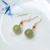 Natural Hetian Jade Round Earrings Chinese Style Gem Drop Earrings